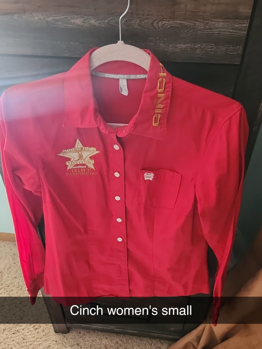 Cinch Women's Red Long-Sleeve Button-Up Shirt with Gold Collar Accent